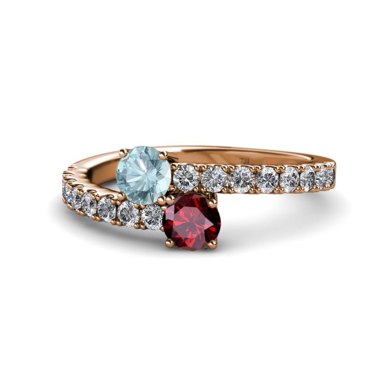 Delise 5.00mm Round Aquamarine and Ruby with Side Diamonds Bypass Ring 