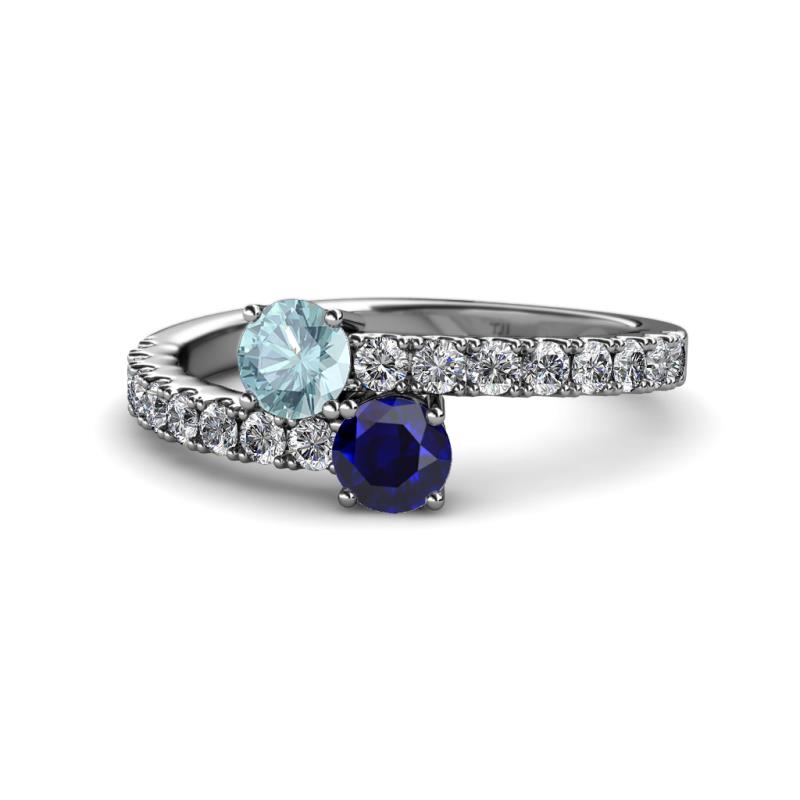 Delise 5.00mm Round Aquamarine and Blue Sapphire with Side Diamonds Bypass Ring 