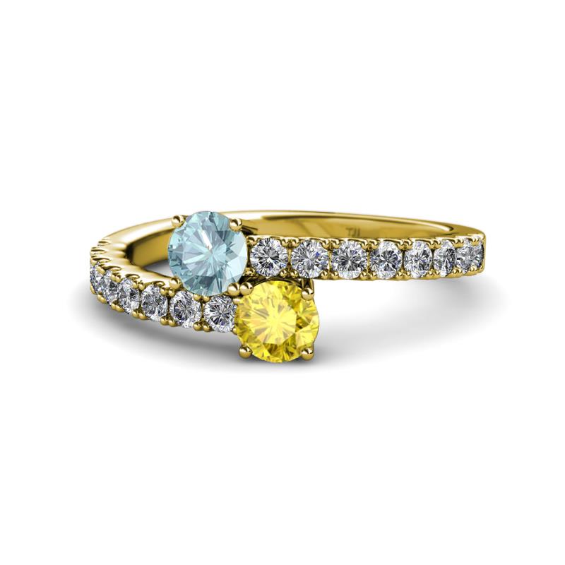 Delise 5.00mm Round Aquamarine and Yellow Sapphire with Side Diamonds Bypass Ring 