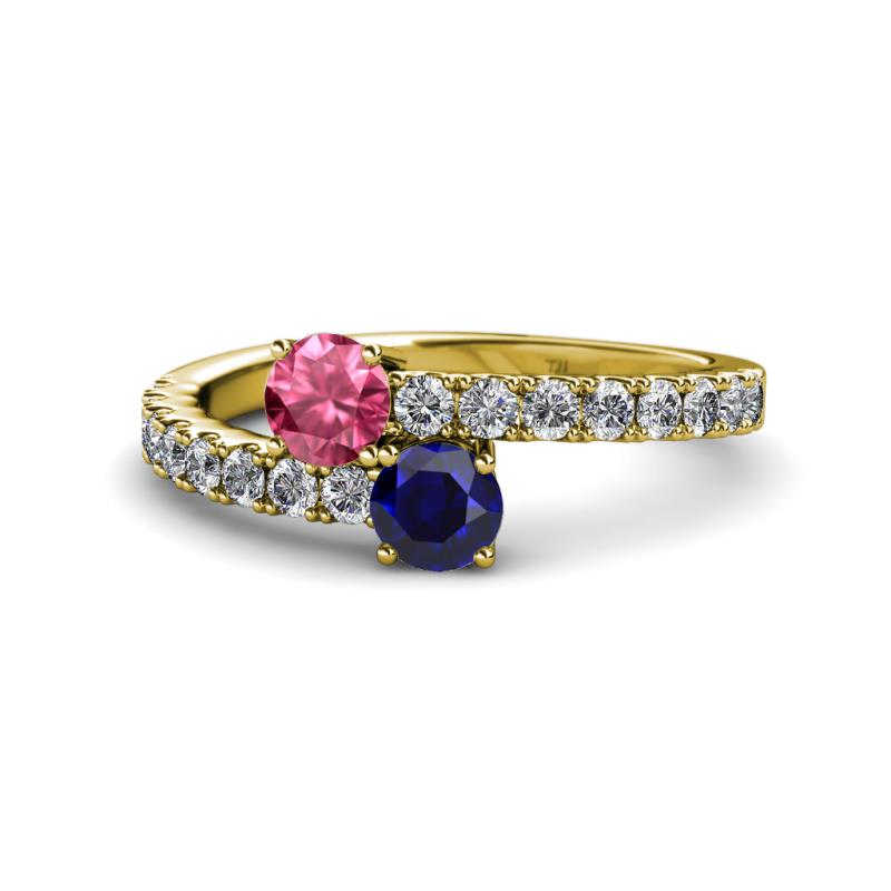 Delise 5.00mm Round Pink Tourmaline and Blue Sapphire with Side Diamonds Bypass Ring 