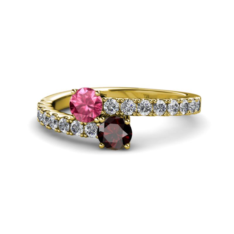 Delise 5.00mm Round Pink Tourmaline and Red Garnet with Side Diamonds Bypass Ring 