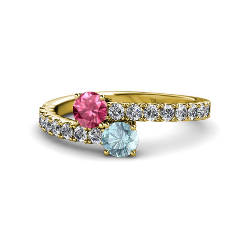 Delise 5.00mm Round Pink Tourmaline and Aquamarine with Side Diamonds Bypass Ring 