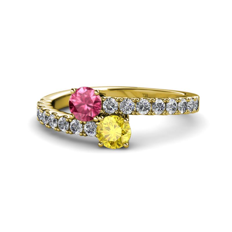 Delise 5.00mm Round Pink Tourmaline and Yellow Sapphire with Side Diamonds Bypass Ring 