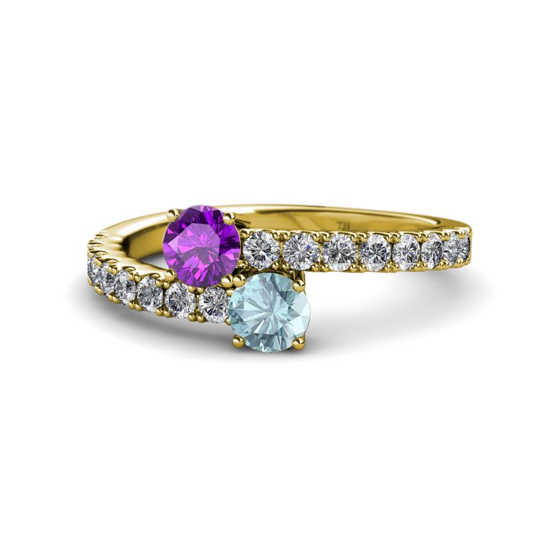 Delise 5.00mm Round Amethyst and Aquamarine with Side Diamonds Bypass Ring 