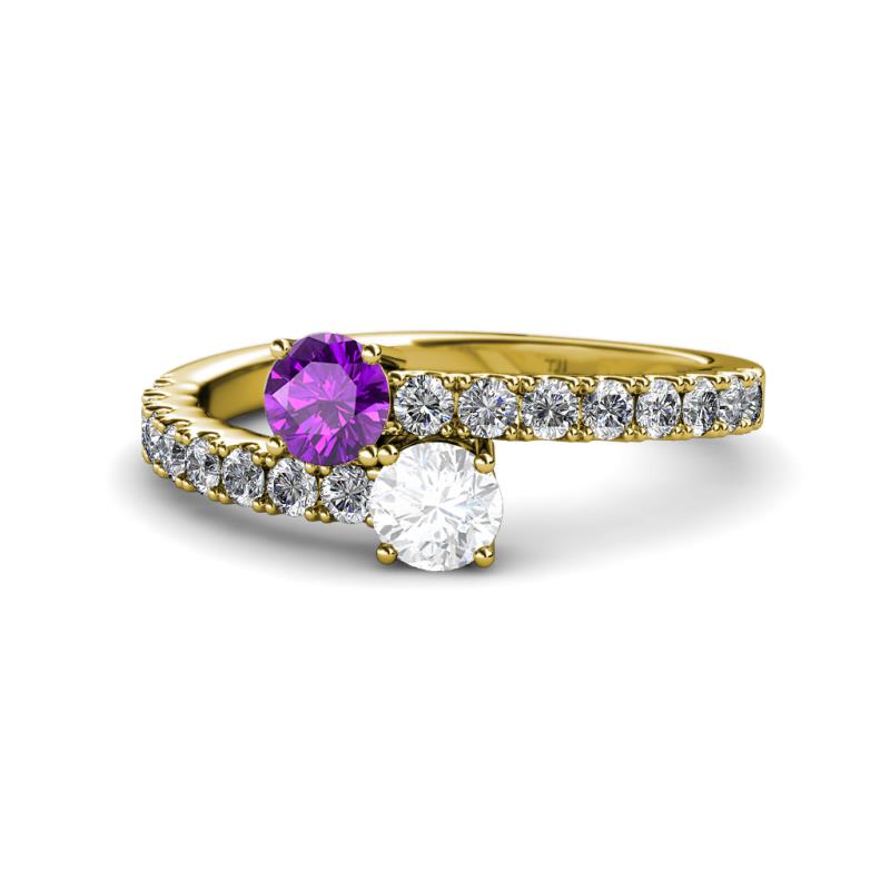 Delise 5.00mm Round Amethyst and White Sapphire with Side Diamonds Bypass Ring 
