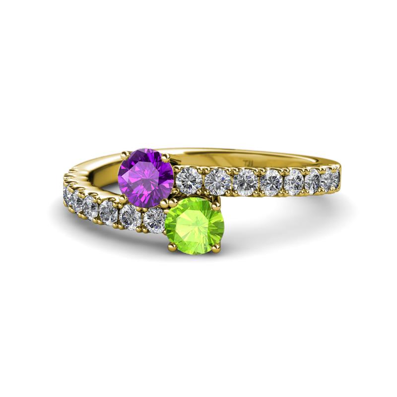 Delise 5.00mm Round Amethyst and Peridot with Side Diamonds Bypass Ring 