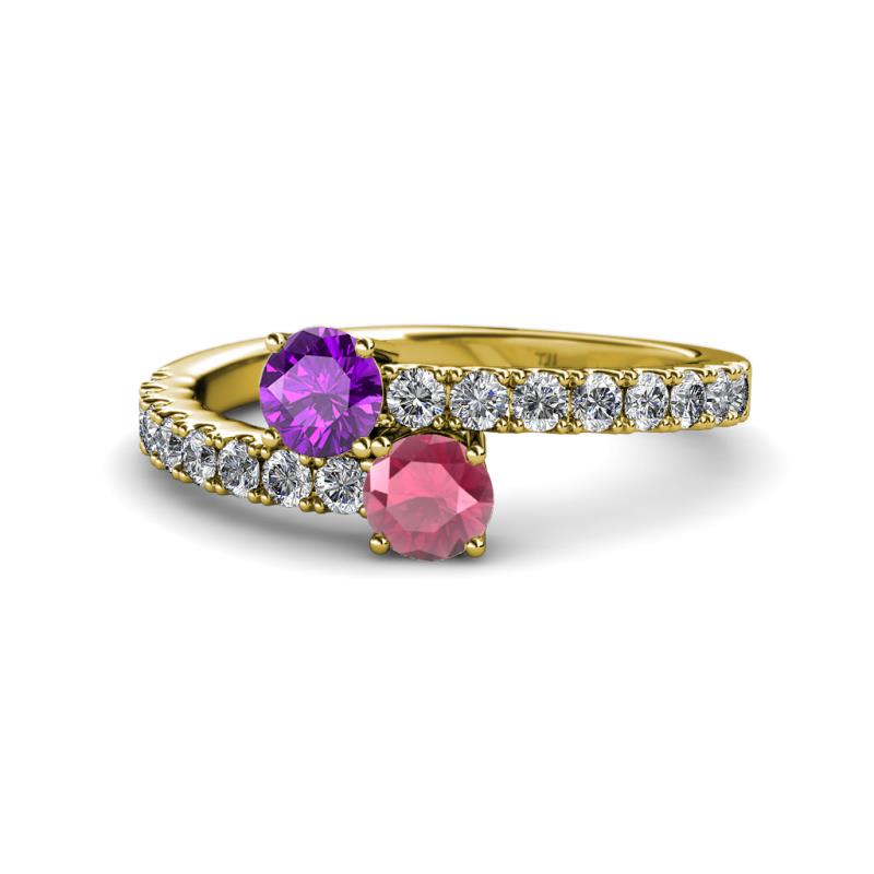 Delise 5.00mm Round Amethyst and Rhodolite Garnet with Side Diamonds Bypass Ring 