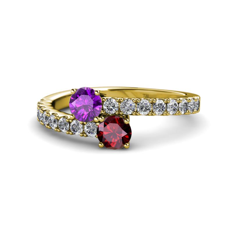 Delise 5.00mm Round Amethyst and Ruby with Side Diamonds Bypass Ring 