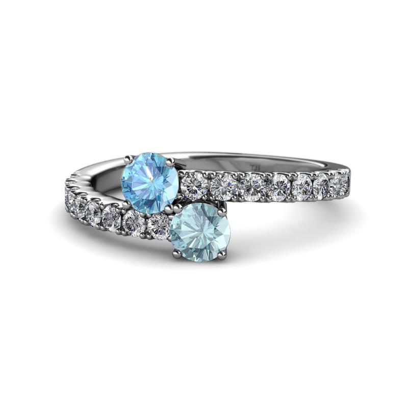 Delise 5.00mm Round Blue Topaz and Aquamarine with Side Diamonds Bypass Ring 