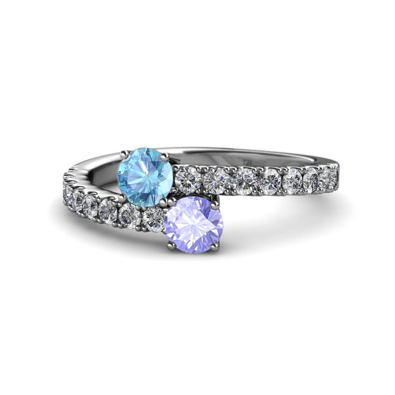 Delise 5.00mm Round Blue Topaz and Tanzanite with Side Diamonds Bypass Ring 
