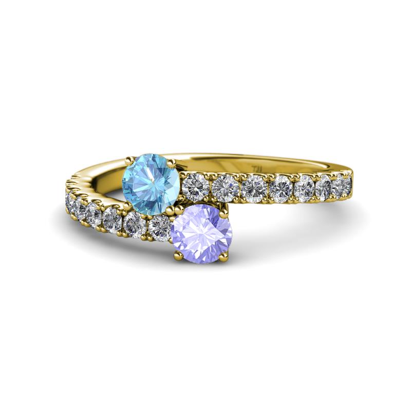 Delise 5.00mm Round Blue Topaz and Tanzanite with Side Diamonds Bypass Ring 