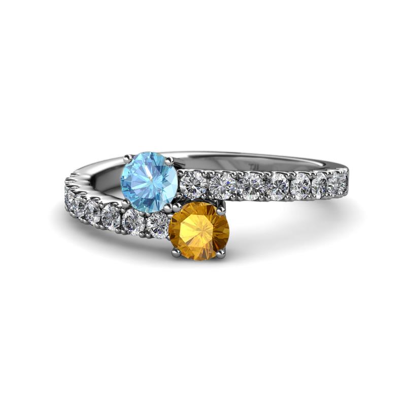 Delise 5.00mm Round Blue Topaz and Citrine with Side Diamonds Bypass Ring 