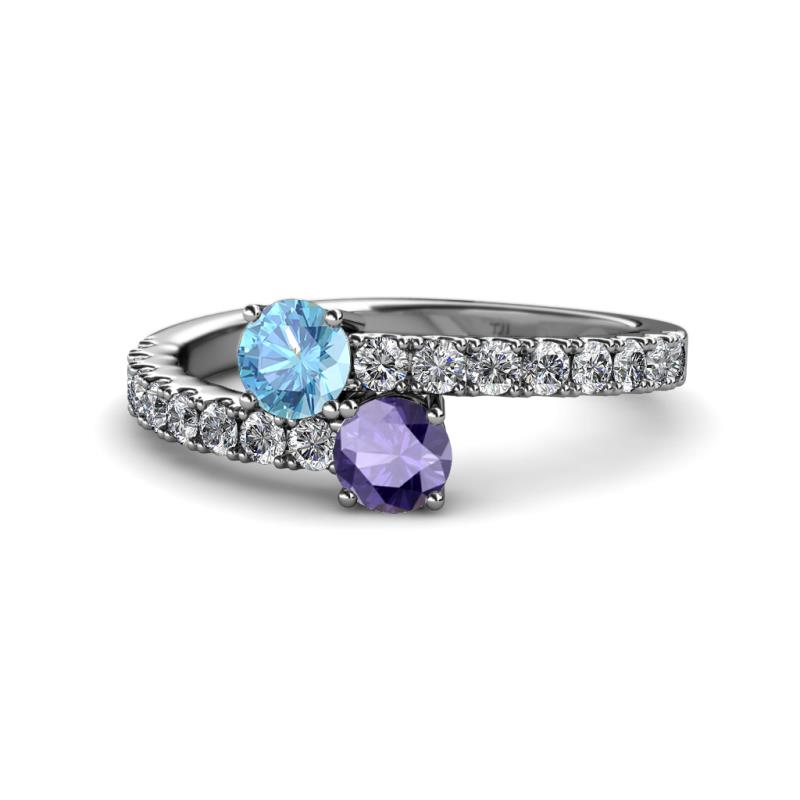 Delise 5.00mm Round Blue Topaz and Iolite with Side Diamonds Bypass Ring 