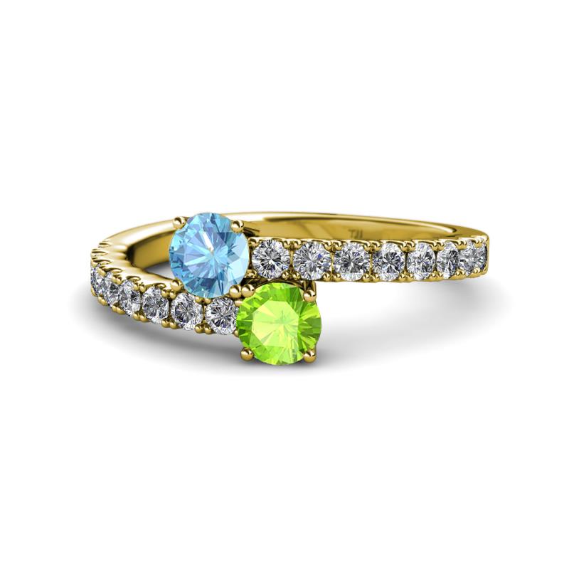 Delise 5.00mm Round Blue Topaz and Peridot with Side Diamonds Bypass Ring 