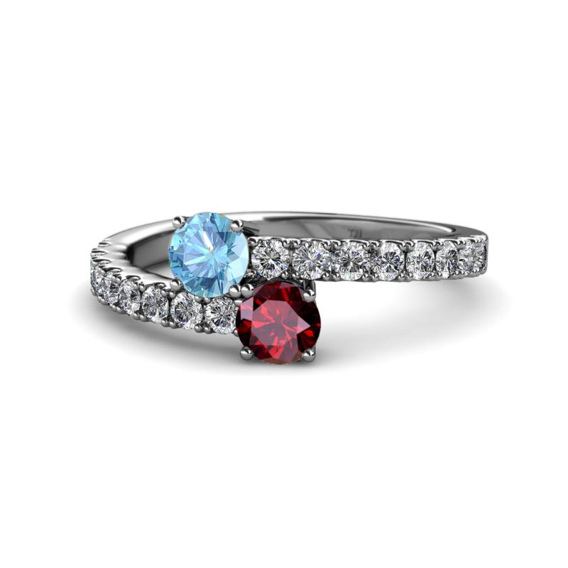 Delise 5.00mm Round Blue Topaz and Ruby with Side Diamonds Bypass Ring 