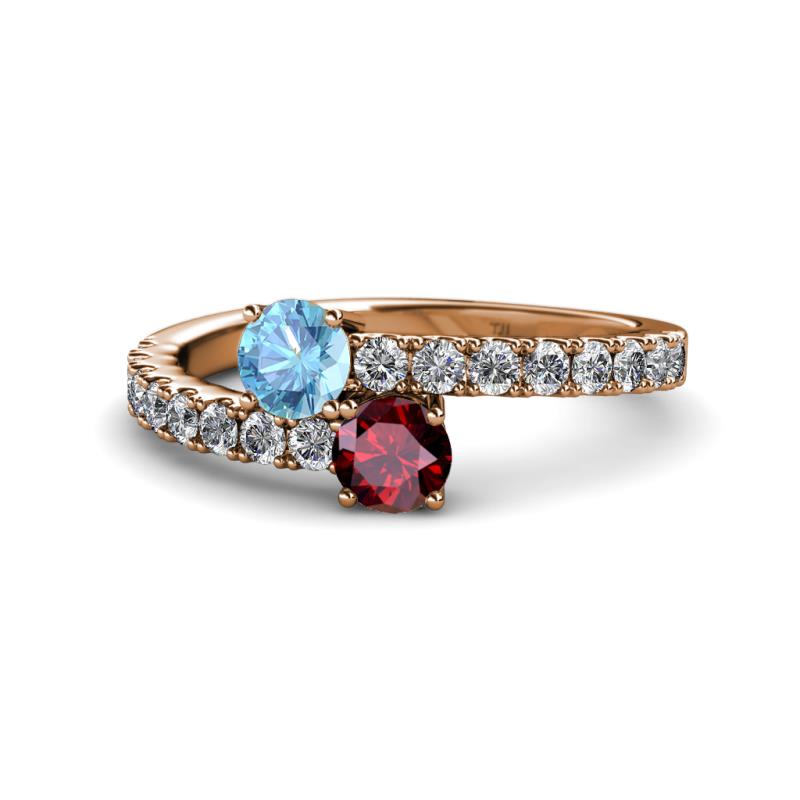Delise 5.00mm Round Blue Topaz and Ruby with Side Diamonds Bypass Ring 