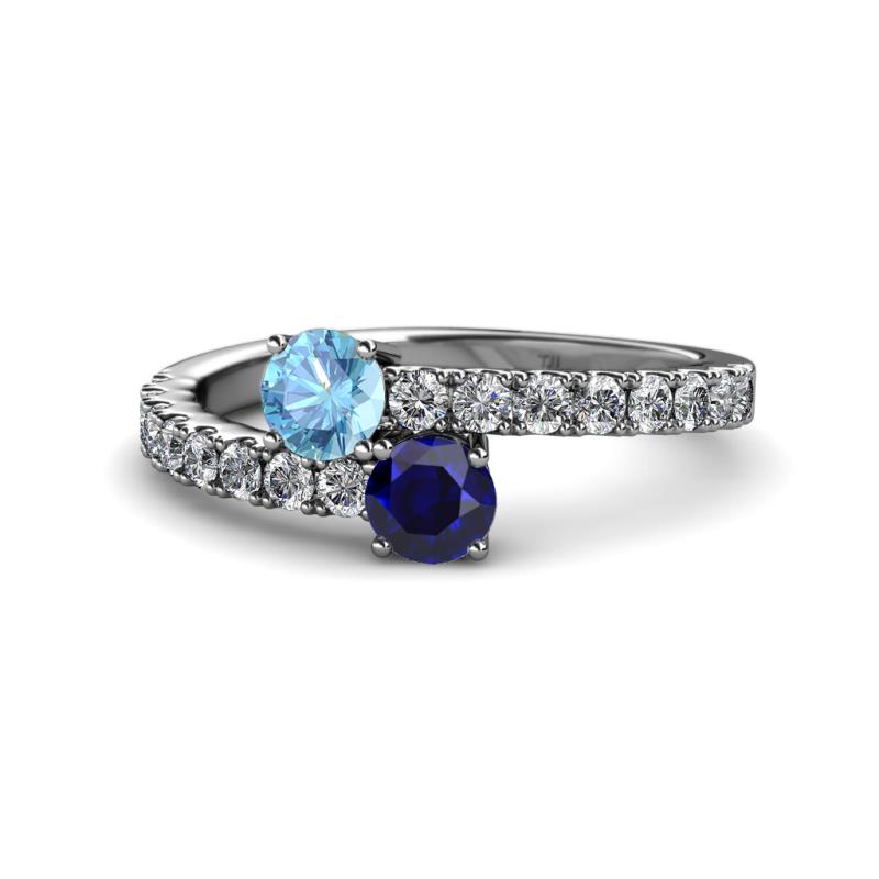 Delise 5.00mm Round Blue Topaz and Blue Sapphire with Side Diamonds Bypass Ring 
