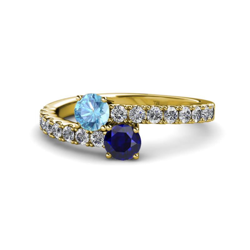 Delise 5.00mm Round Blue Topaz and Blue Sapphire with Side Diamonds Bypass Ring 
