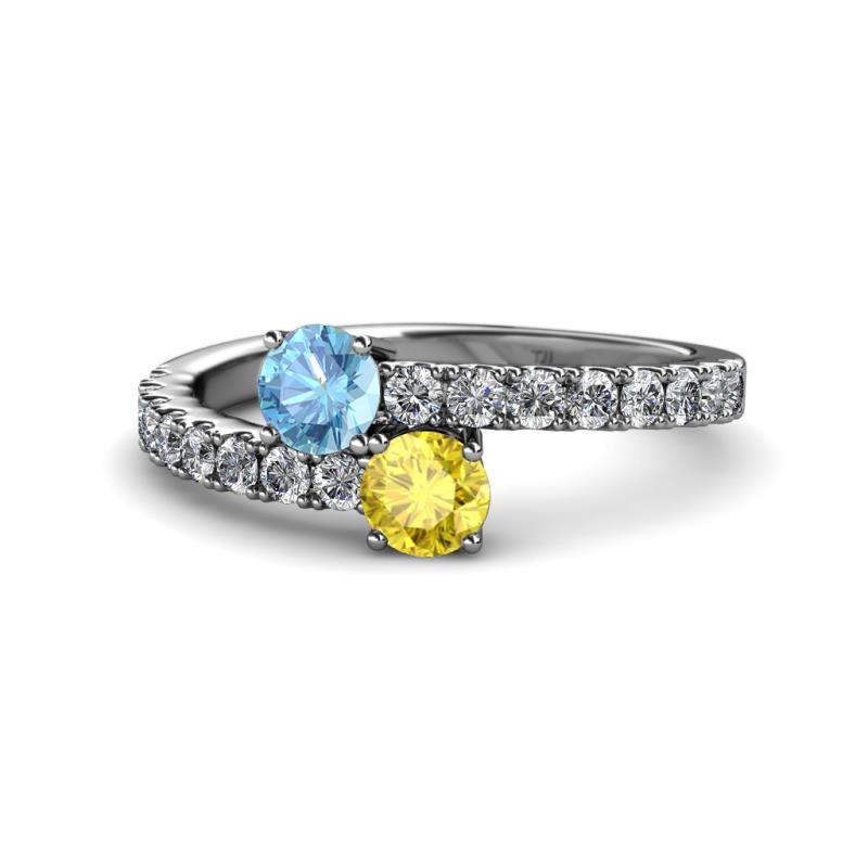 Delise 5.00mm Round Blue Topaz and Yellow Sapphire with Side Diamonds Bypass Ring 