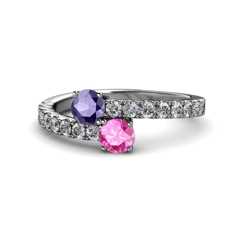 Delise 5.00mm Round Iolite and Pink Sapphire with Side Diamonds Bypass Ring 