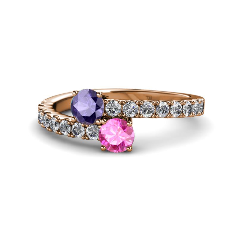 Delise 5.00mm Round Iolite and Pink Sapphire with Side Diamonds Bypass Ring 