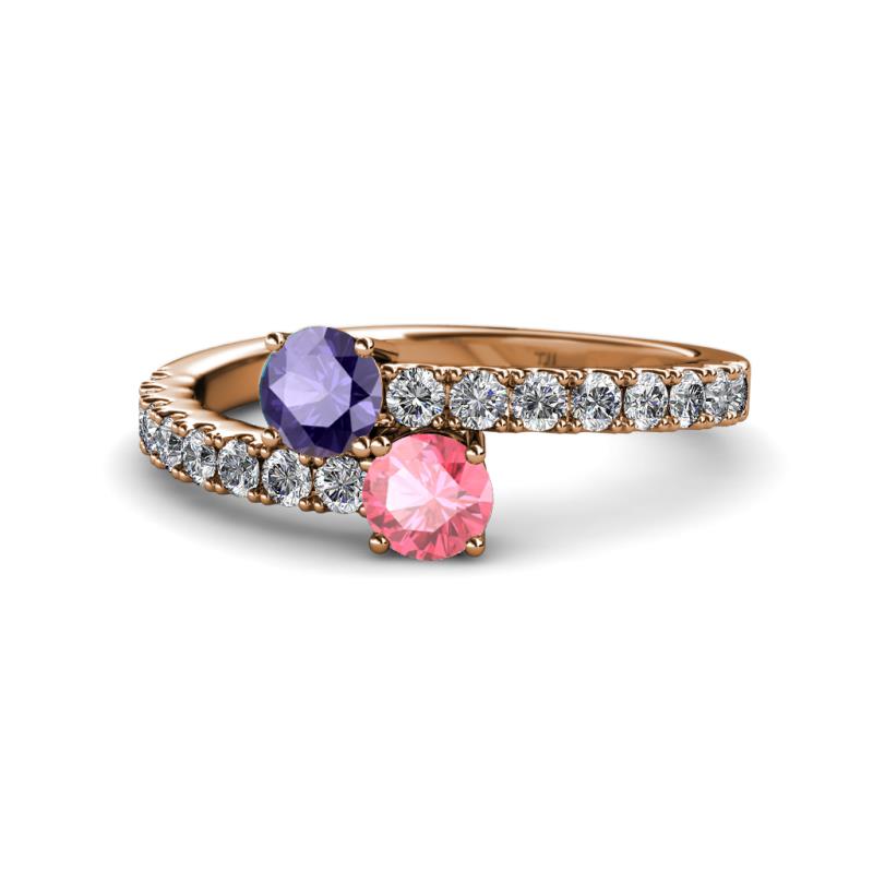 Delise 5.00mm Round Iolite and Pink Tourmaline with Side Diamonds Bypass Ring 