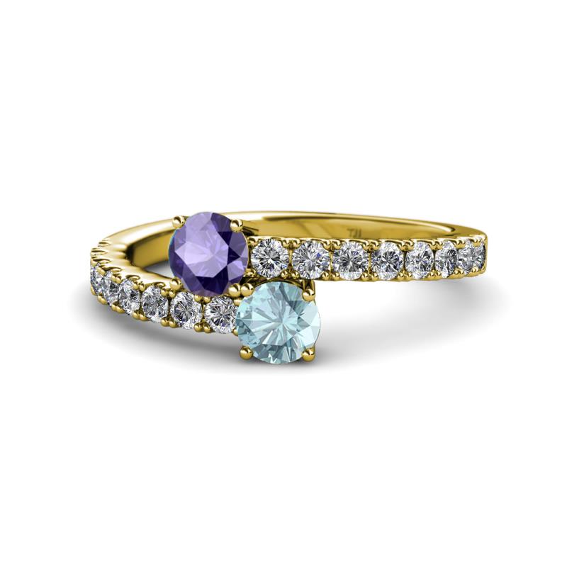 Delise 5.00mm Round Iolite and Aquamarine with Side Diamonds Bypass Ring 