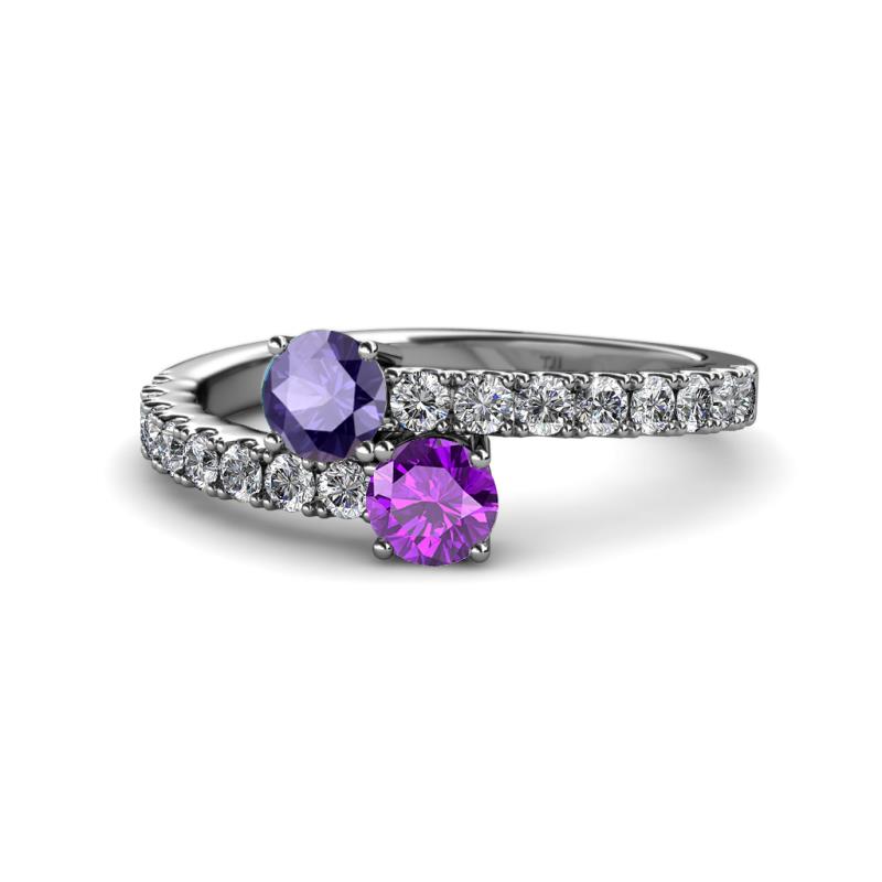 Delise 5.00mm Round Iolite and Amethyst with Side Diamonds Bypass Ring 