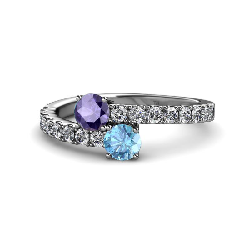 Delise 5.00mm Round Iolite and Blue Topaz with Side Diamonds Bypass Ring 