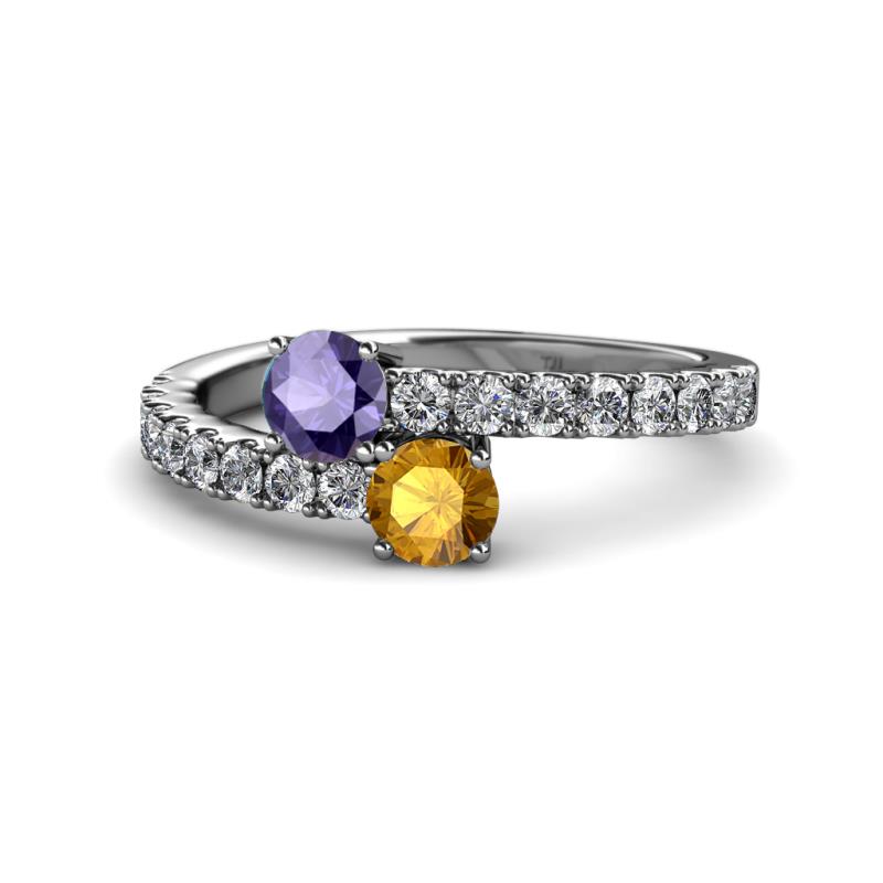 Delise 5.00mm Round Iolite and Citrine with Side Diamonds Bypass Ring 