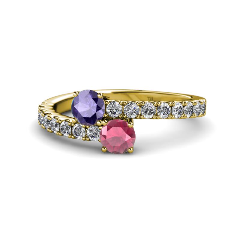 Delise 5.00mm Round Iolite and Rhodolite Garnet with Side Diamonds Bypass Ring 