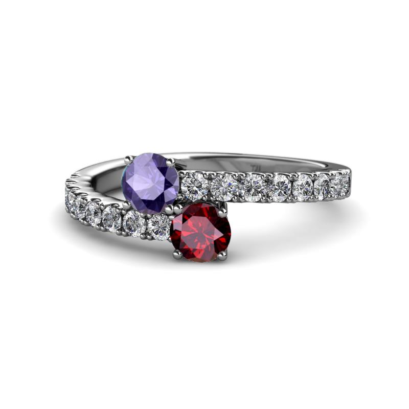 Delise 5.00mm Round Iolite and Ruby with Side Diamonds Bypass Ring 
