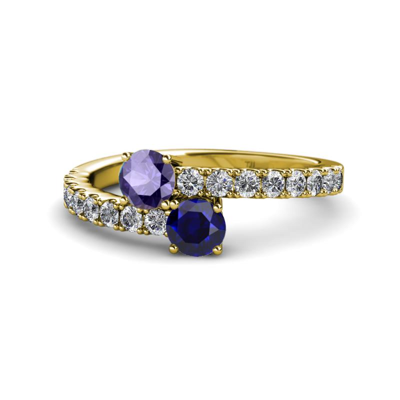 Delise 5.00mm Round Iolite and Blue Sapphire with Side Diamonds Bypass Ring 
