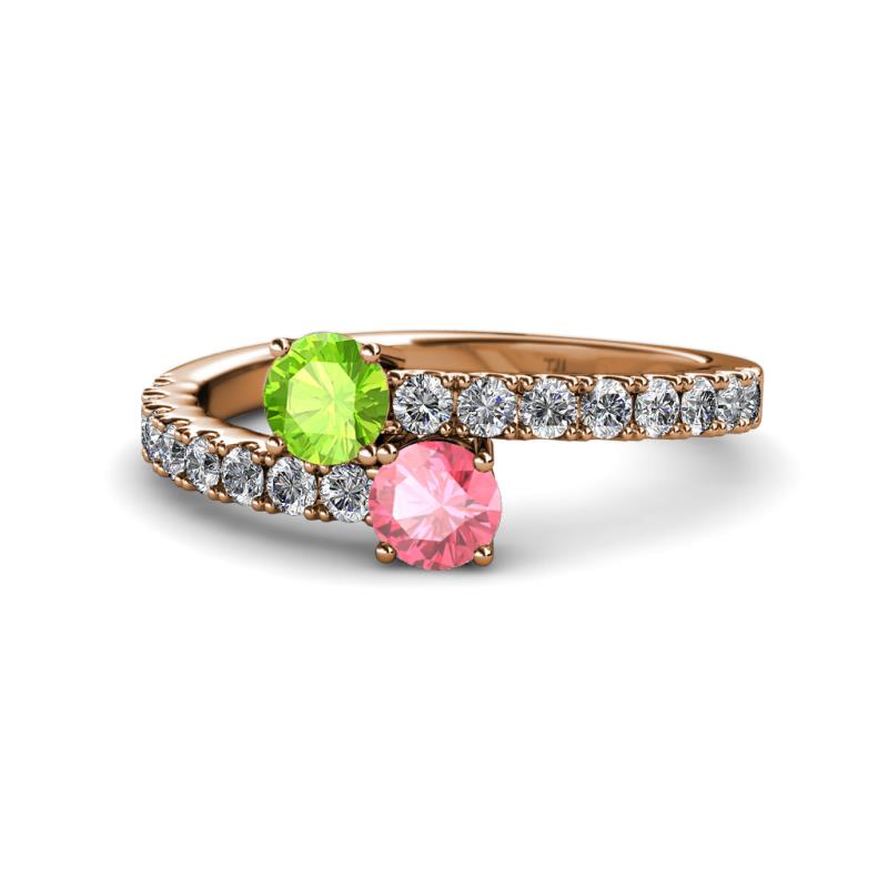 Delise 5.00mm Round Peridot and Pink Tourmaline with Side Diamonds Bypass Ring 