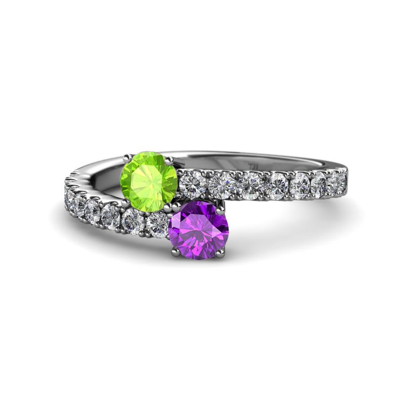 Delise 5.00mm Round Peridot and Amethyst with Side Diamonds Bypass Ring 