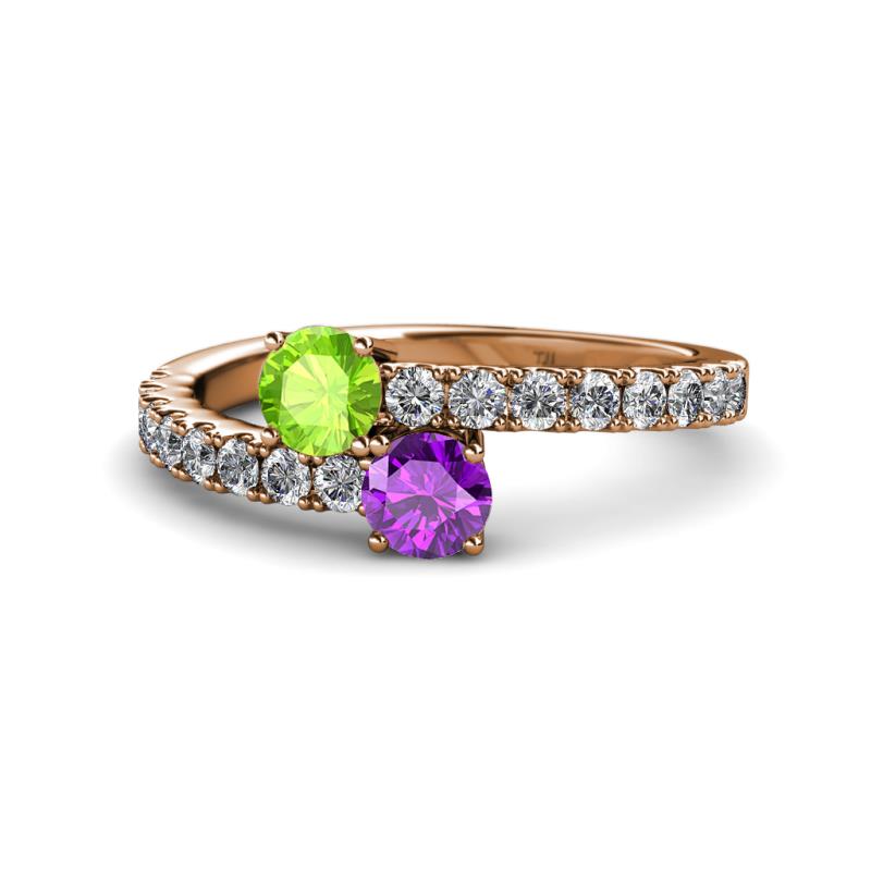 Delise 5.00mm Round Peridot and Amethyst with Side Diamonds Bypass Ring 