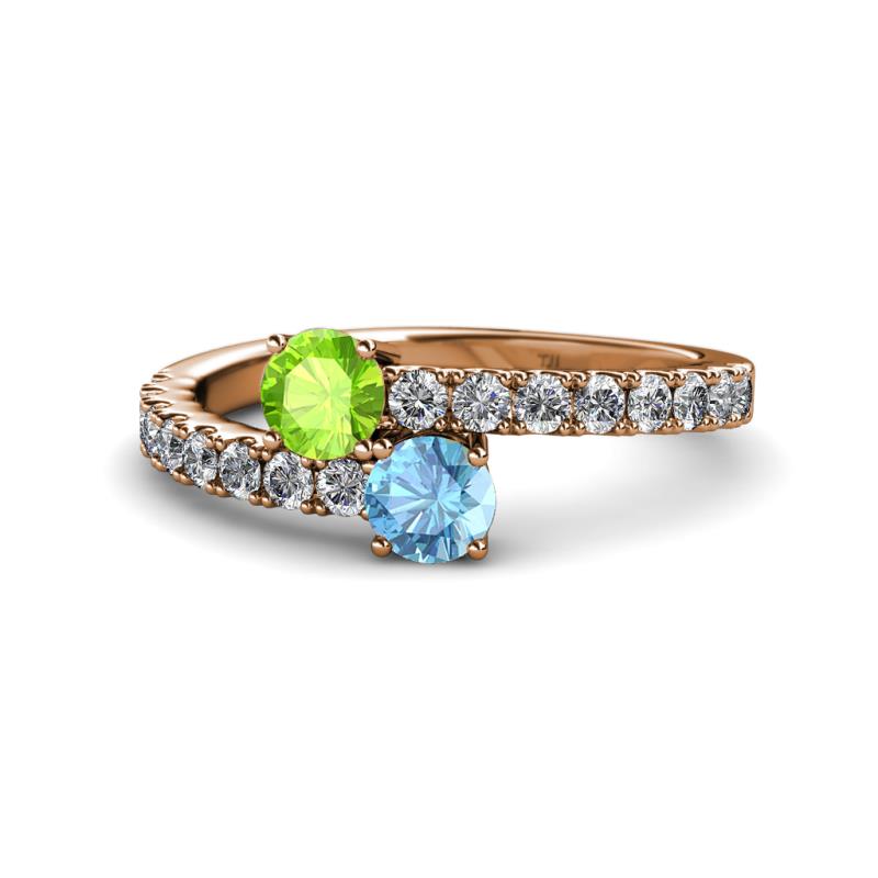 Delise 5.00mm Round Peridot and Blue Topaz with Side Diamonds Bypass Ring 