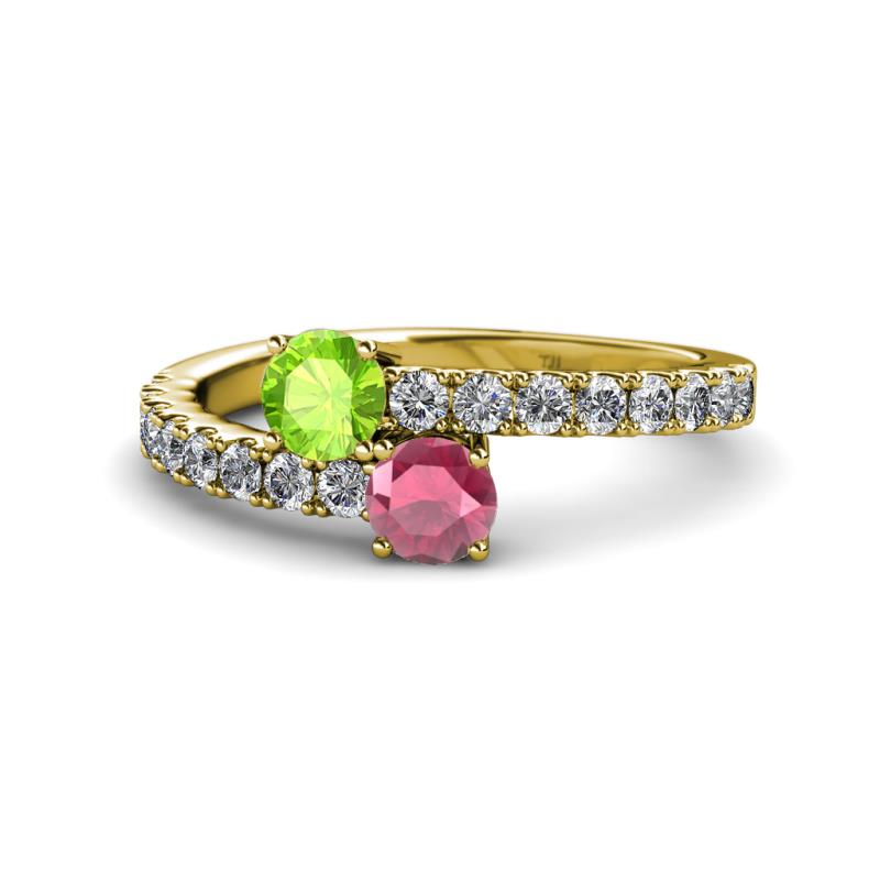 Delise 5.00mm Round Peridot and Rhodolite Garnet with Side Diamonds Bypass Ring 