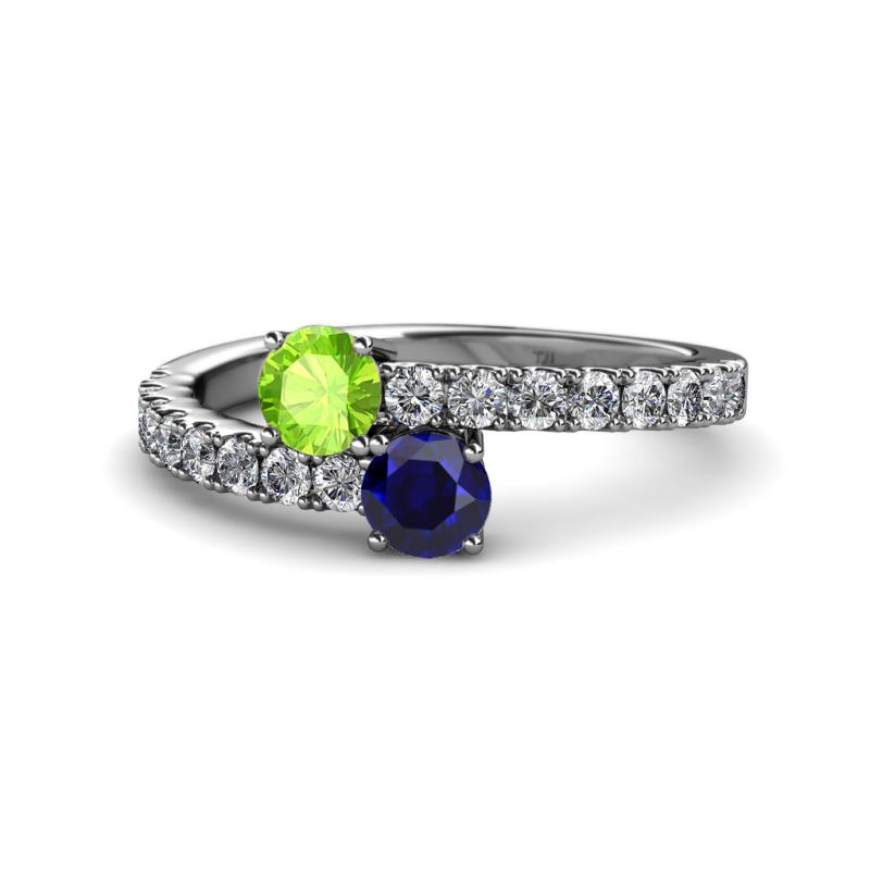 Delise 5.00mm Round Peridot and Blue Sapphire with Side Diamonds Bypass Ring 