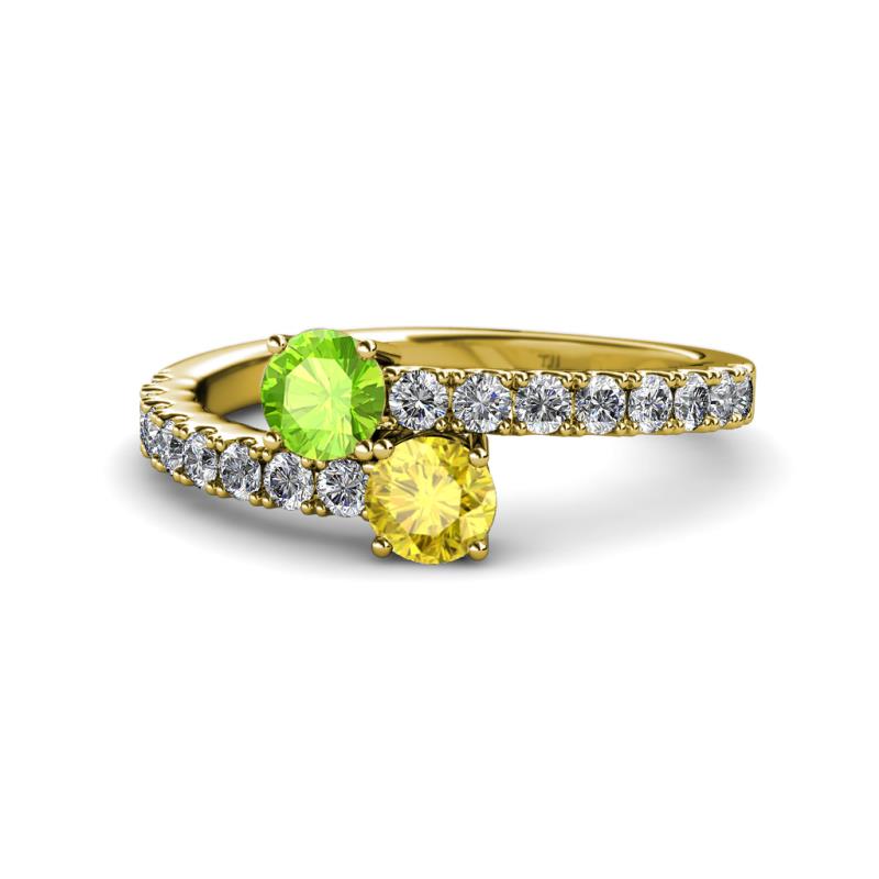 Delise 5.00mm Round Peridot and Yellow Sapphire with Side Diamonds Bypass Ring 
