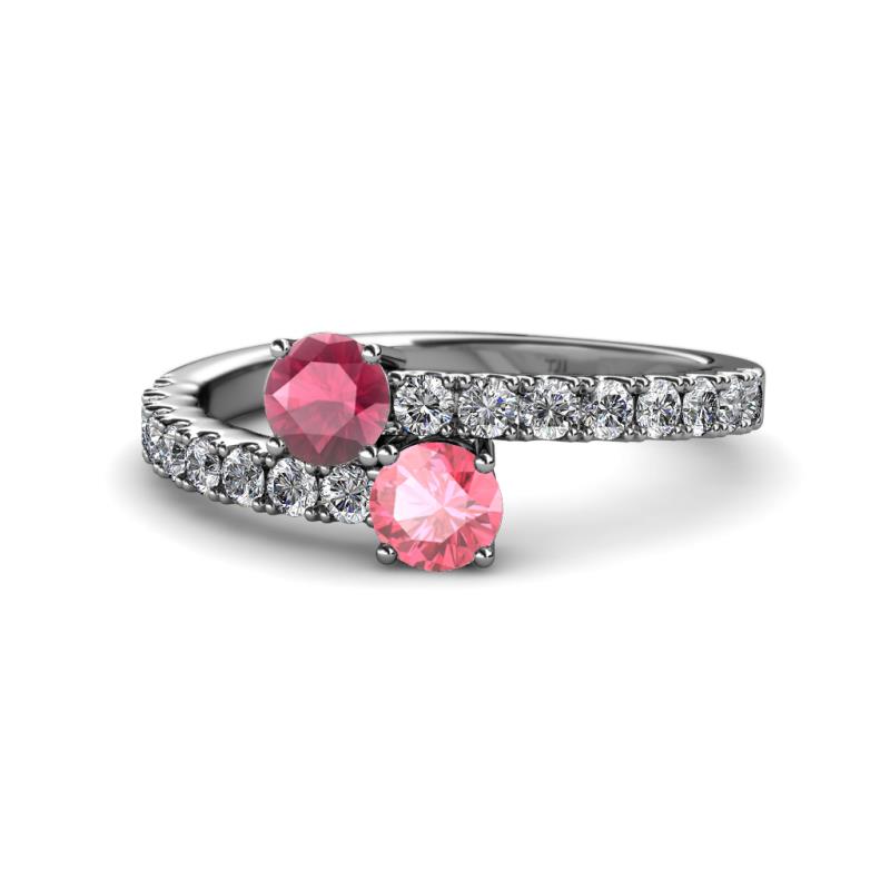 Delise 5.00mm Round Rhodolite Garnet and Pink Tourmaline with Side Diamonds Bypass Ring 