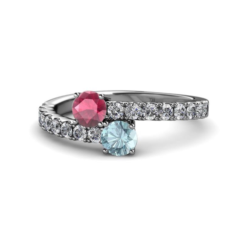 Delise 5.00mm Round Rhodolite Garnet and Aquamarine with Side Diamonds Bypass Ring 