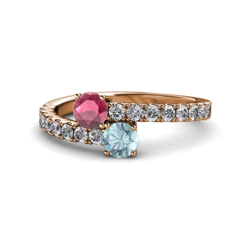 Delise 5.00mm Round Rhodolite Garnet and Aquamarine with Side Diamonds Bypass Ring 