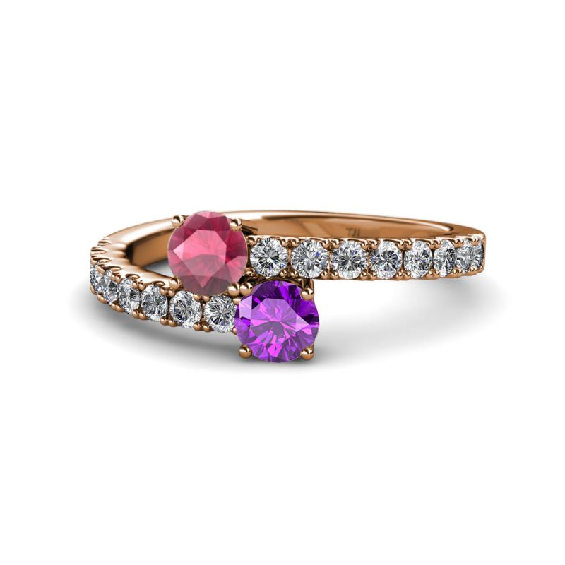 Delise 5.00mm Round Rhodolite Garnet and Amethyst with Side Diamonds Bypass Ring 