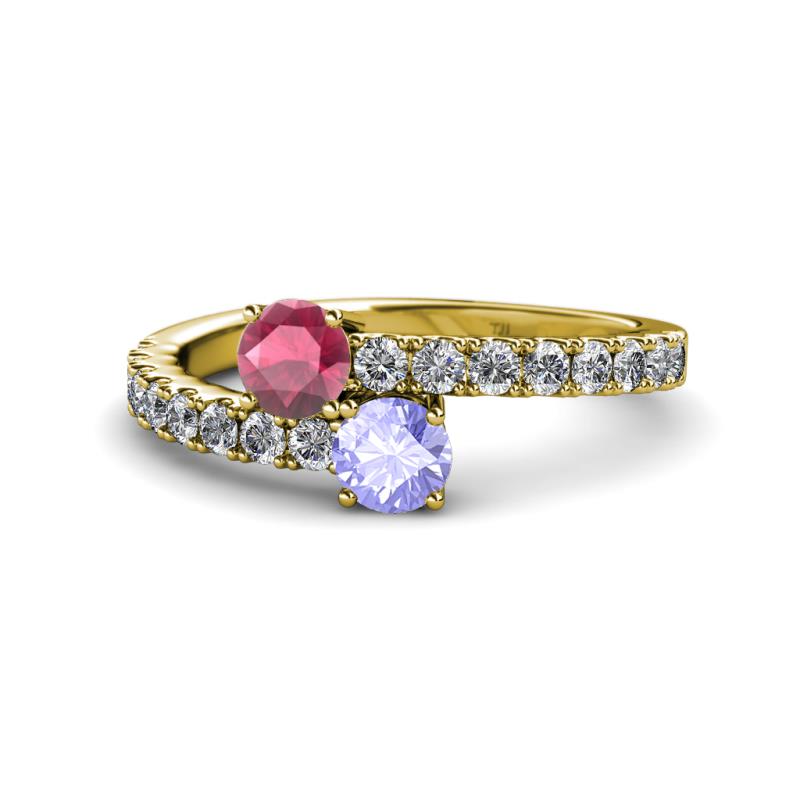 Delise 5.00mm Round Rhodolite Garnet and Tanzanite with Side Diamonds Bypass Ring 