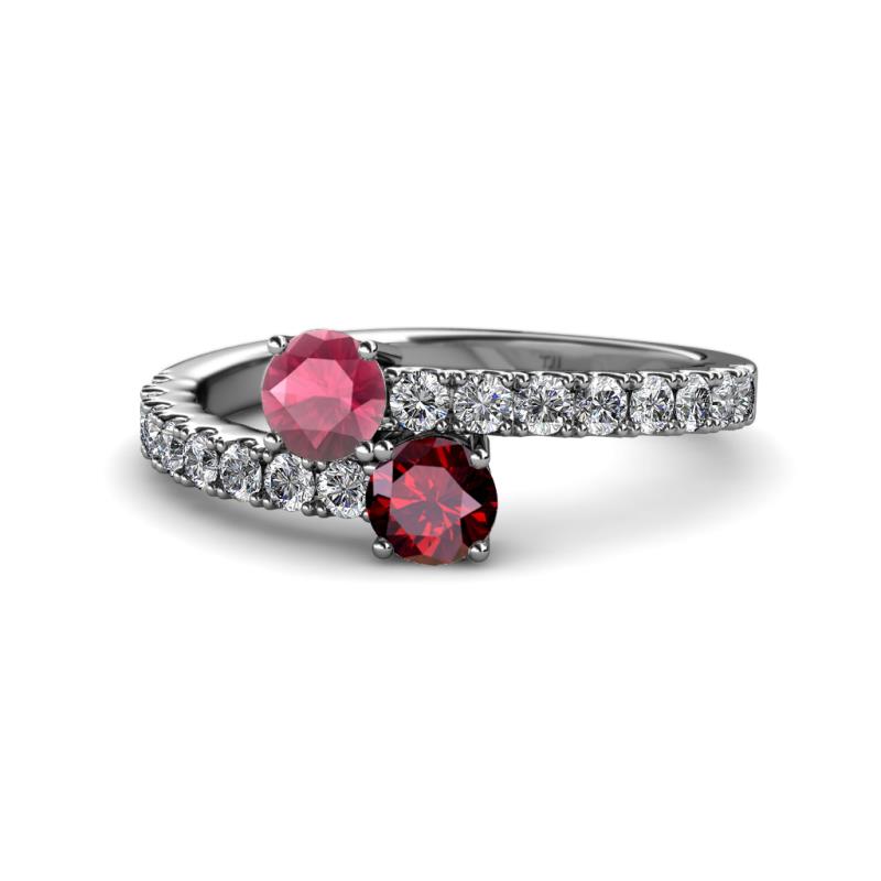 Delise 5.00mm Round Rhodolite Garnet and Ruby with Side Diamonds Bypass Ring 
