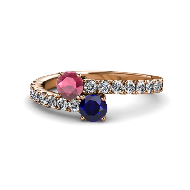 Delise 5.00mm Round Rhodolite Garnet and Blue Sapphire with Side Diamonds Bypass Ring 