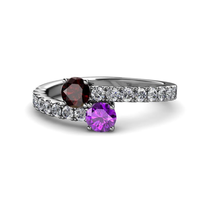Delise 5.00mm Round Red Garnet and Amethyst with Side Diamonds Bypass Ring 