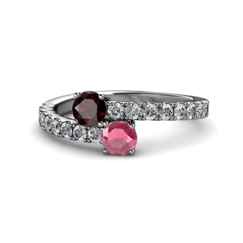 Delise 5.00mm Round Red and Rhodolite Garnet with Side Diamonds Bypass Ring 