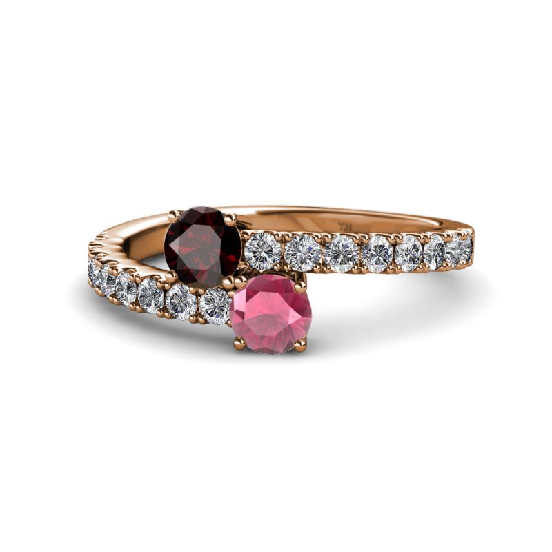 Delise 5.00mm Round Red and Rhodolite Garnet with Side Diamonds Bypass Ring 